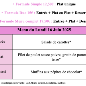 Menu du Lundi 16 Juin 2025
