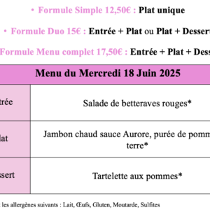 Menu du Mercredi 18 Juin 2025