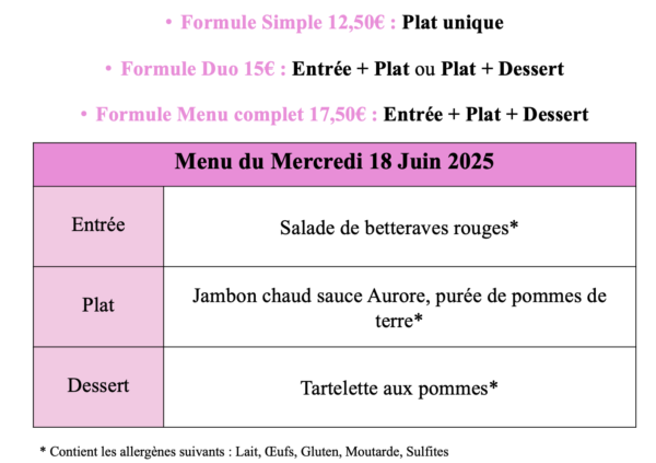 Menu du Mercredi 18 Juin 2025