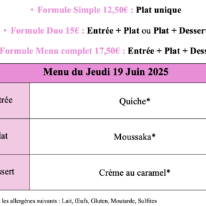 Menu du Jeudi 19 Juin 2025