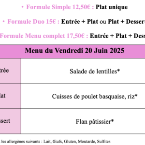 Menu du Vendredi 20 Juin 2025