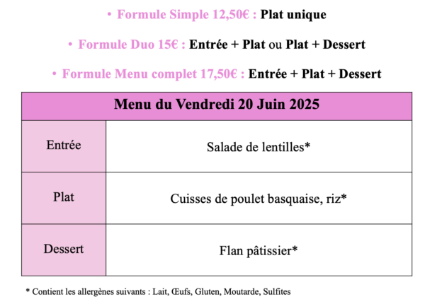 Menu du Vendredi 20 Juin 2025