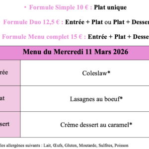 Menu du Mercredi 11 Mars 2026