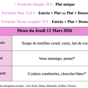 Menu du Jeudi 12 Mars 2026
