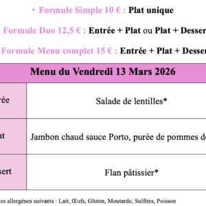 Menu du Vendredi 13 Mars 2026