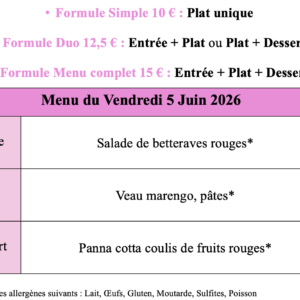Menu du Vendredi 5 Juin 2026